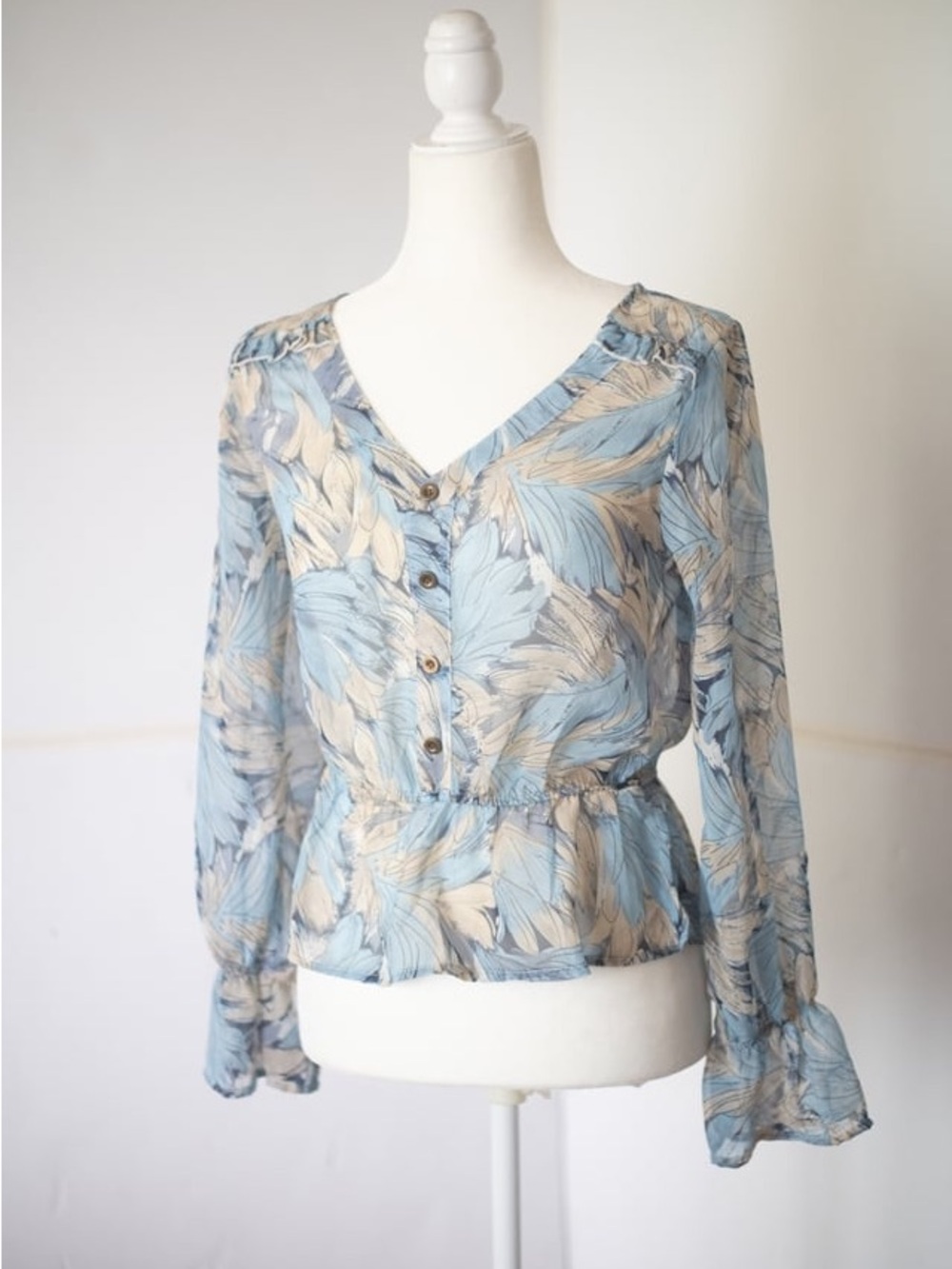 Blue and Cream Floral V-Neck Button Peplum Blouse